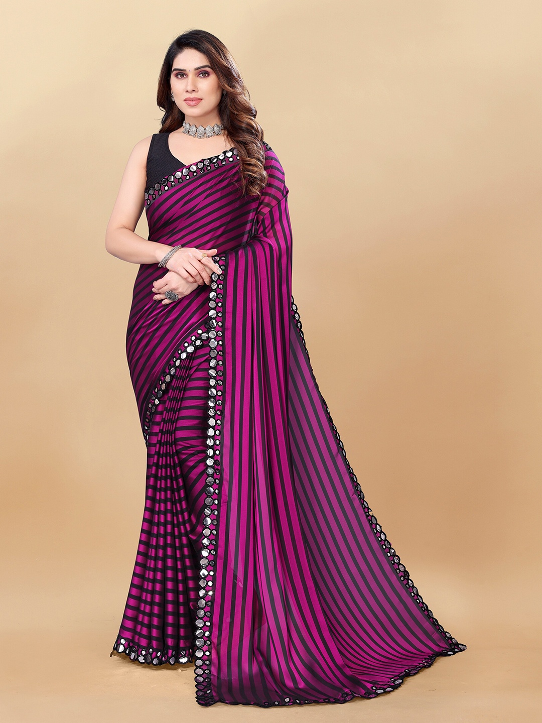 

KALINI Striped Mirror Work Saree, Pink