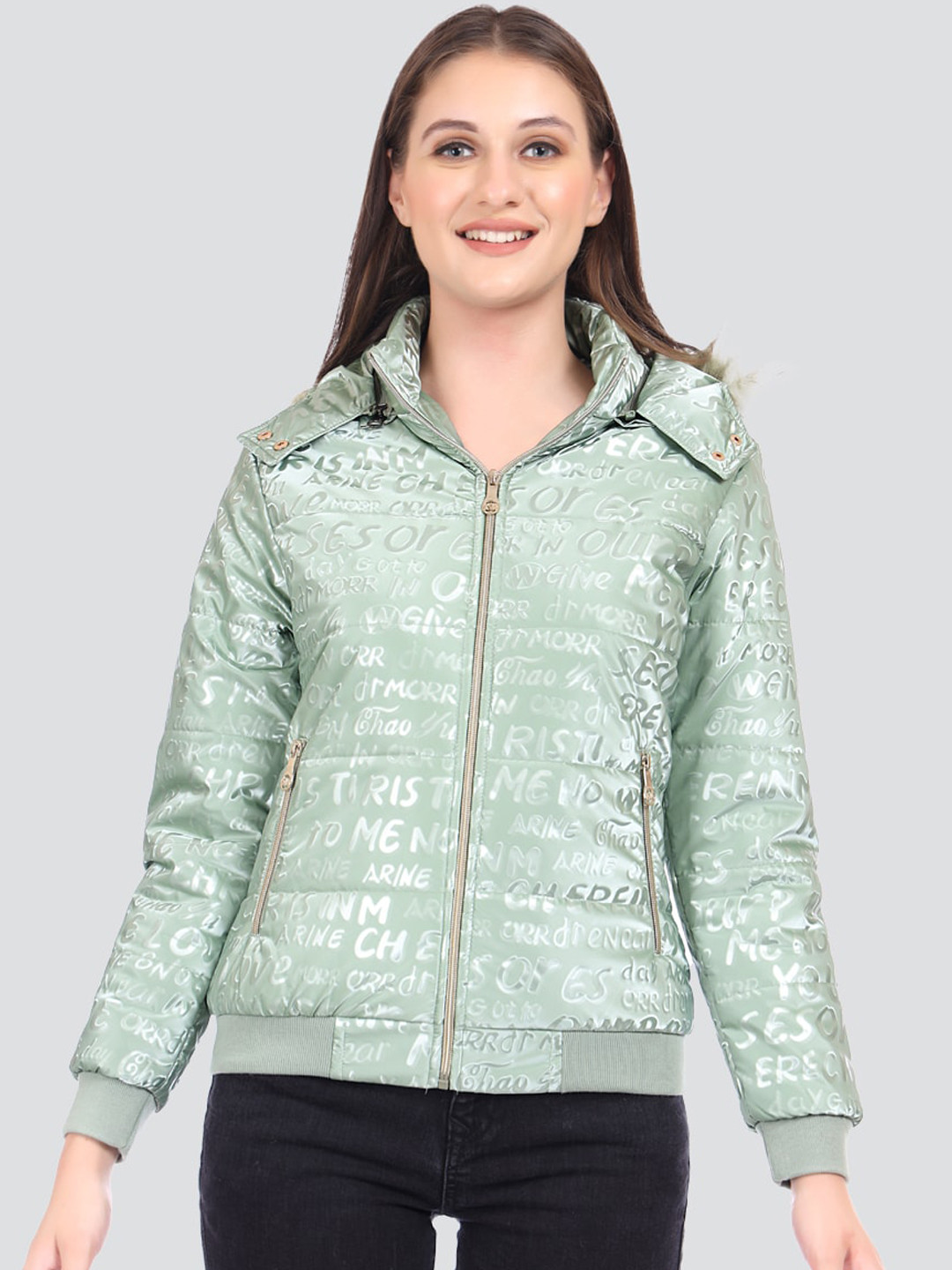 

London Girl Typography Printed Puffer Jacket, Green
