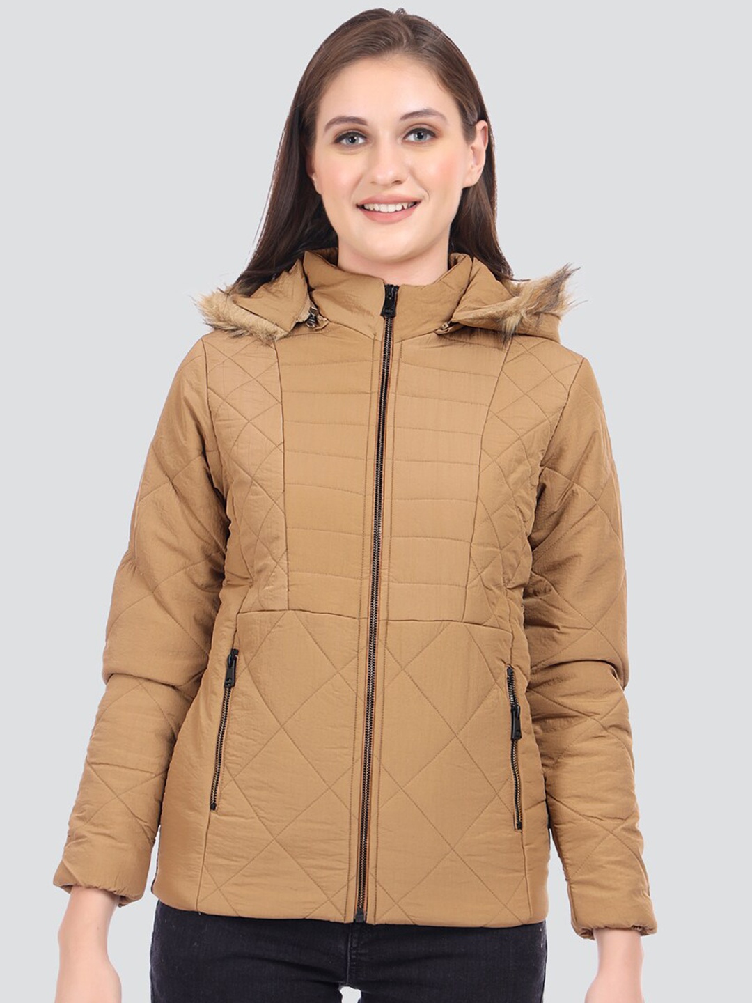 

London Girl Hooded Faux Fur Trim Puffer Jacket, Beige