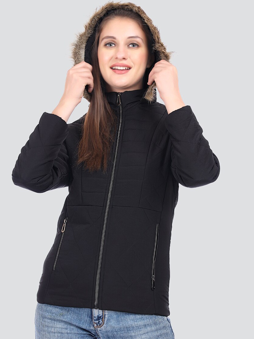 

London Girl Hooded Faux Fur Trim Puffer Jacket, Black