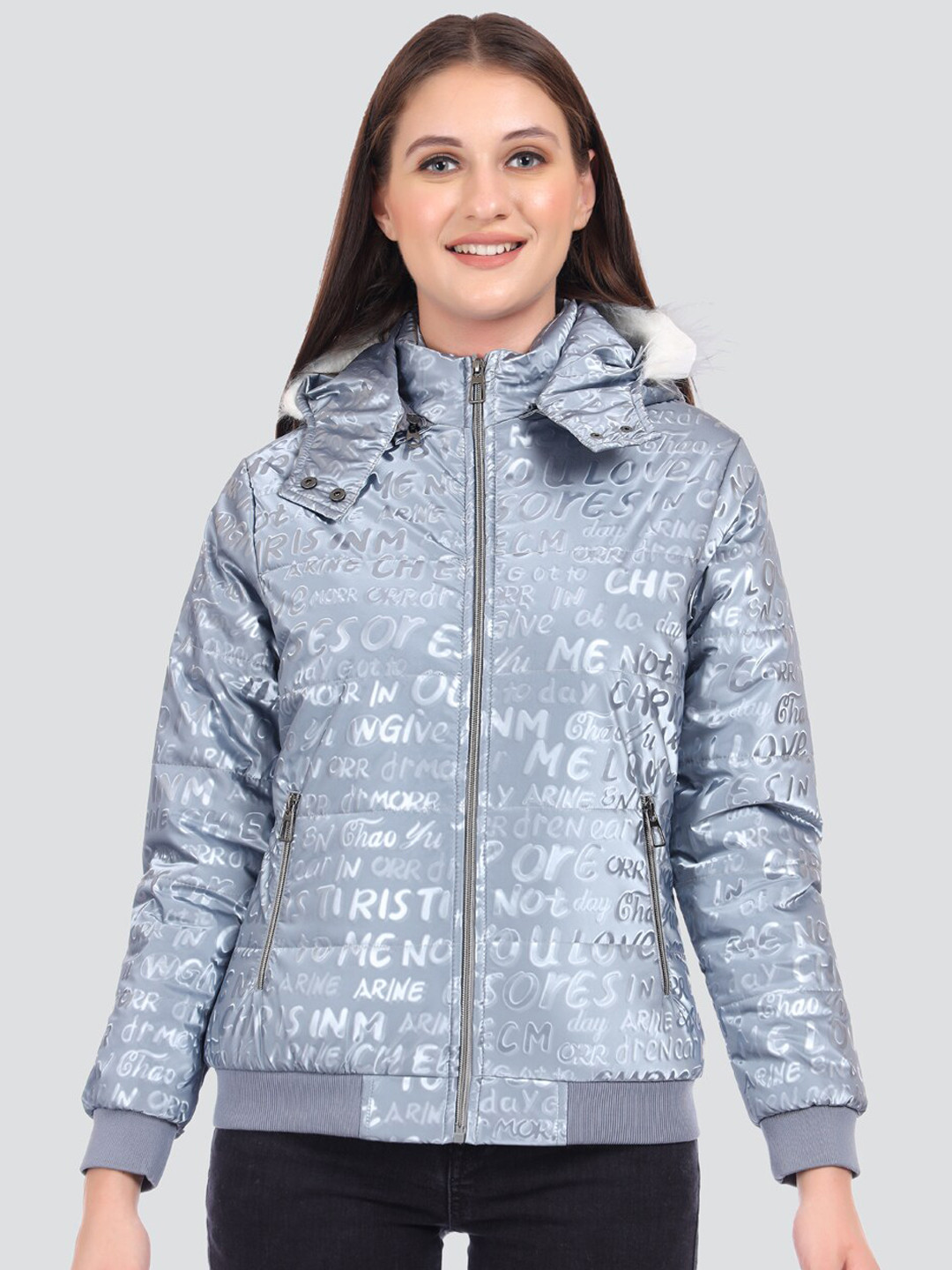 

London Girl Typography Printed Faux Fur Trim Bomber Jacket, Grey