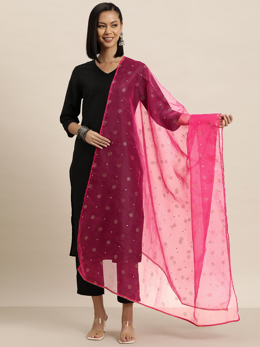 

HERE&NOW Ethnic Motifs Printed Dupatta with Gotta Patti, Pink