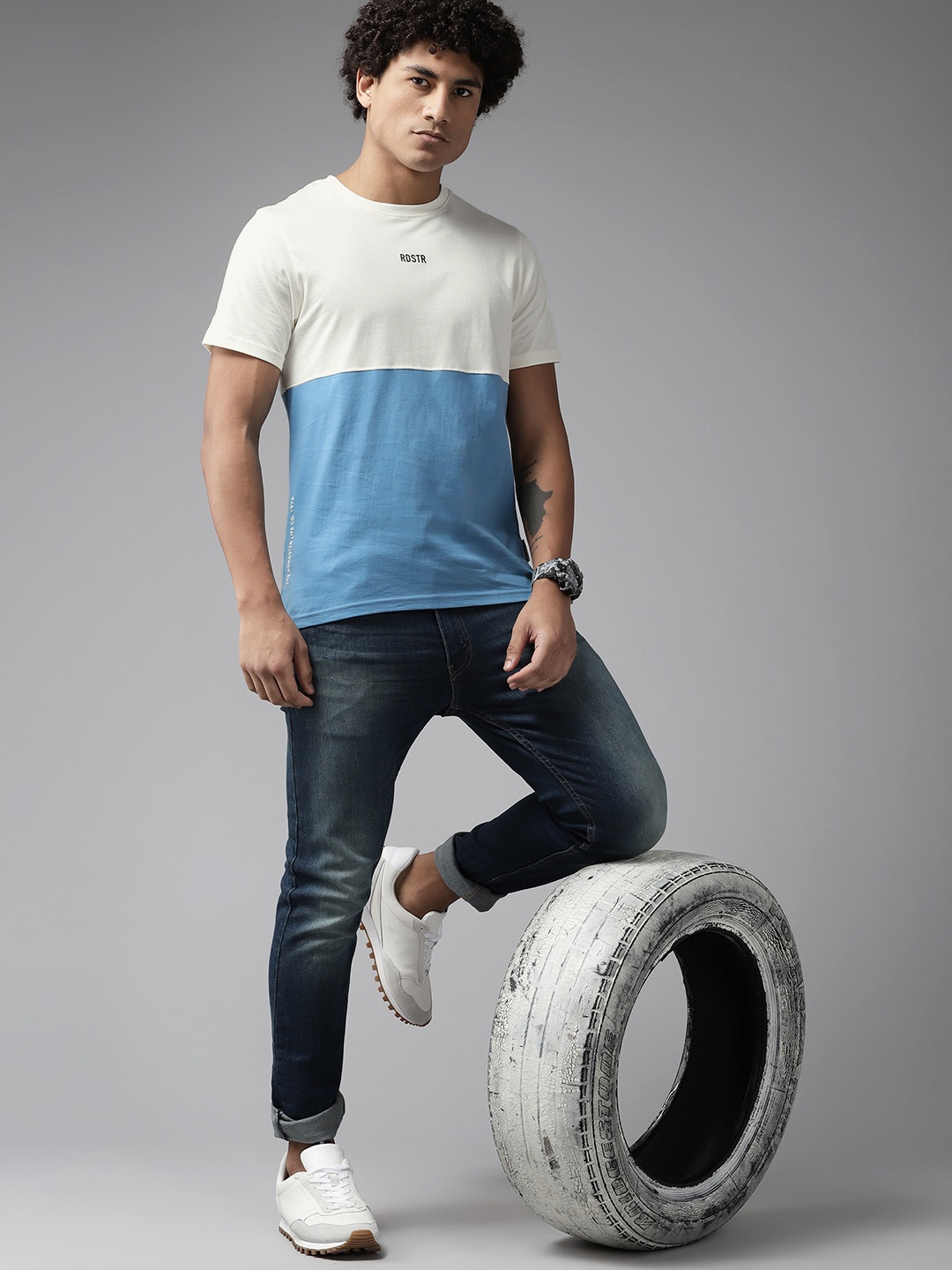 

Roadster Men Colourblocked Pure Cotton T-shirt, White