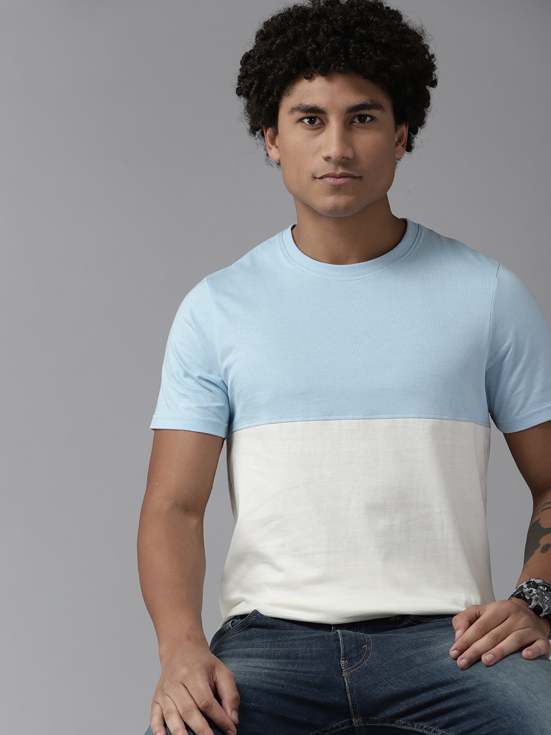 

Roadster Men Colourblocked Pure Cotton T-shirt, Blue
