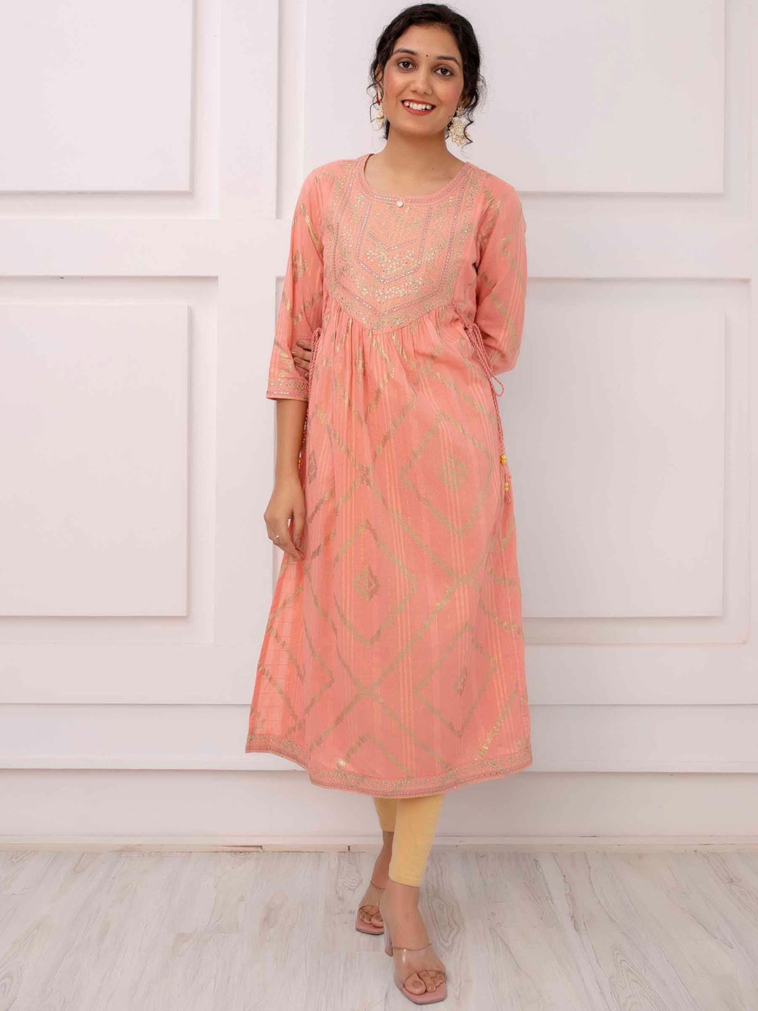 

Nehamta Ethnic Motifs Printed Thread Work A-Line Kurta, Peach