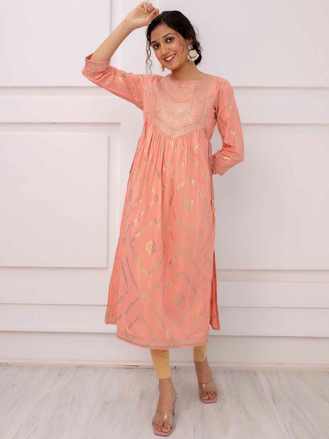 

KALINI Ethnic Motifs Printed Pleated Pleated Sequinned Cotton Kurta, Peach