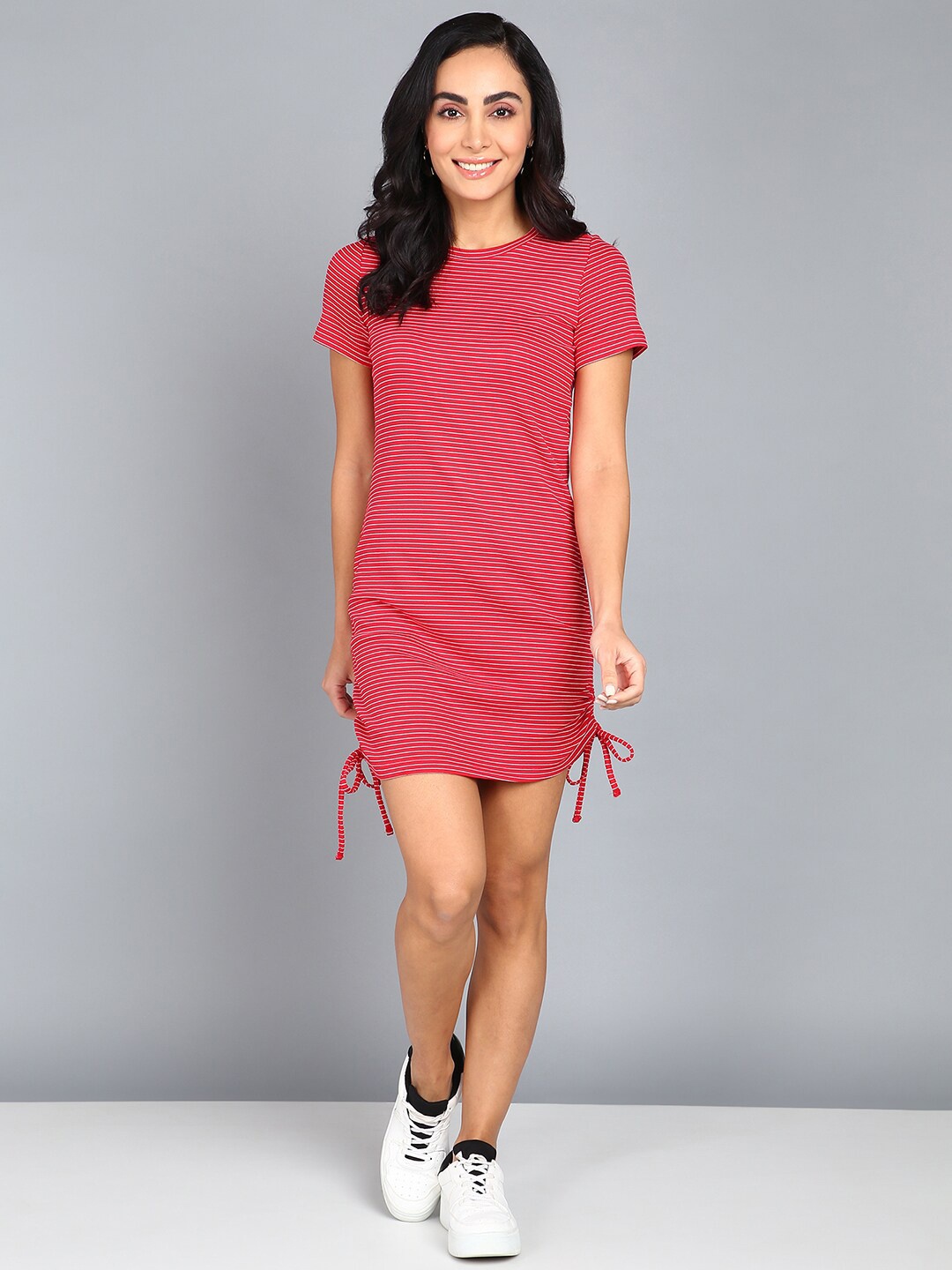 

Mast & Harbour Red & White Horizontal Striped Side Tie-Up T-Shirt Dress
