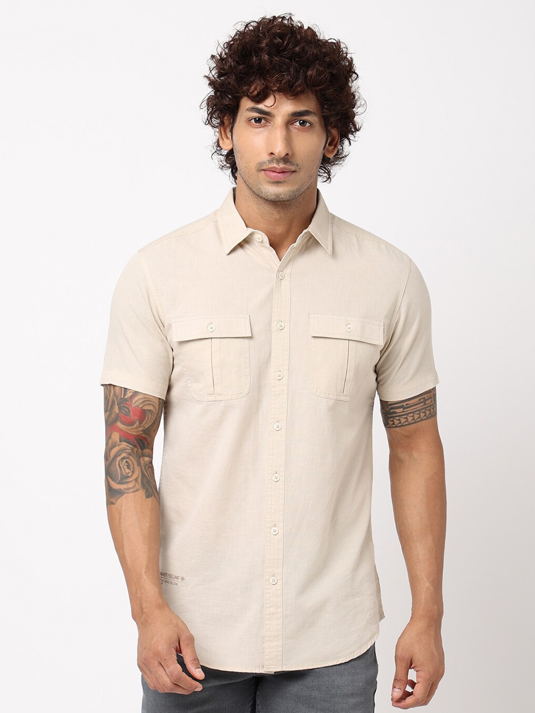 

Blue Buddha Spread Collar Regular Fit Opaque Cotton Casual Shirt, Beige