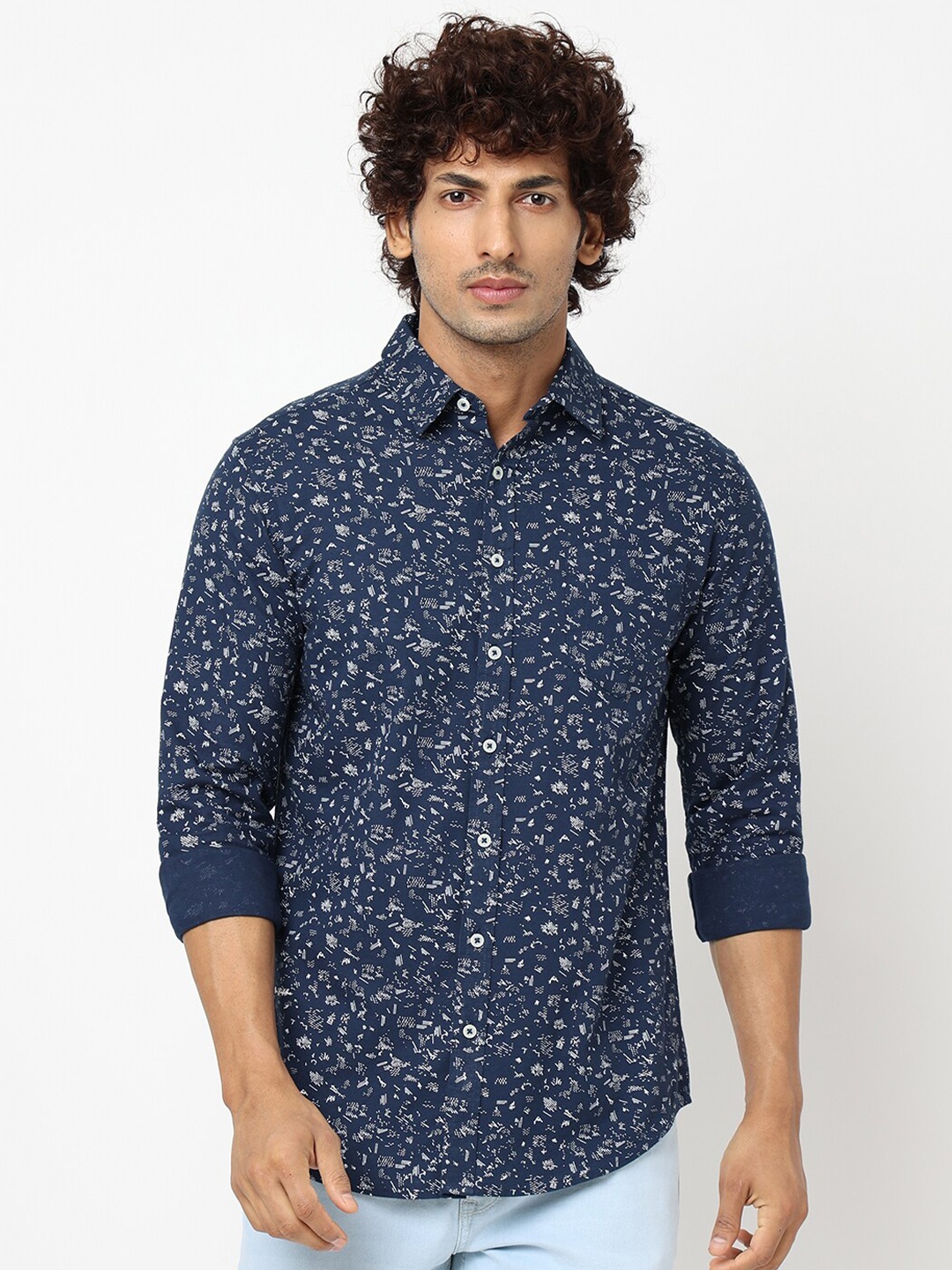 

Blue Buddha Spread Collar Micro Ditsy Regular Fit Opaque Cotton Casual Shirt, Navy blue