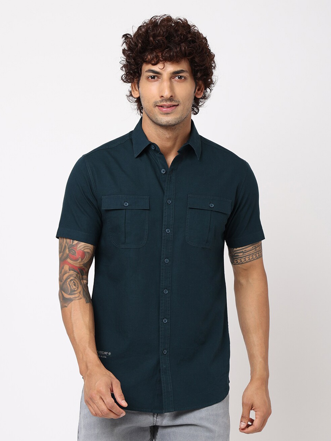 

Blue Buddha Regular Fit Spread Collar Cotton Casual Shirt, Turquoise blue