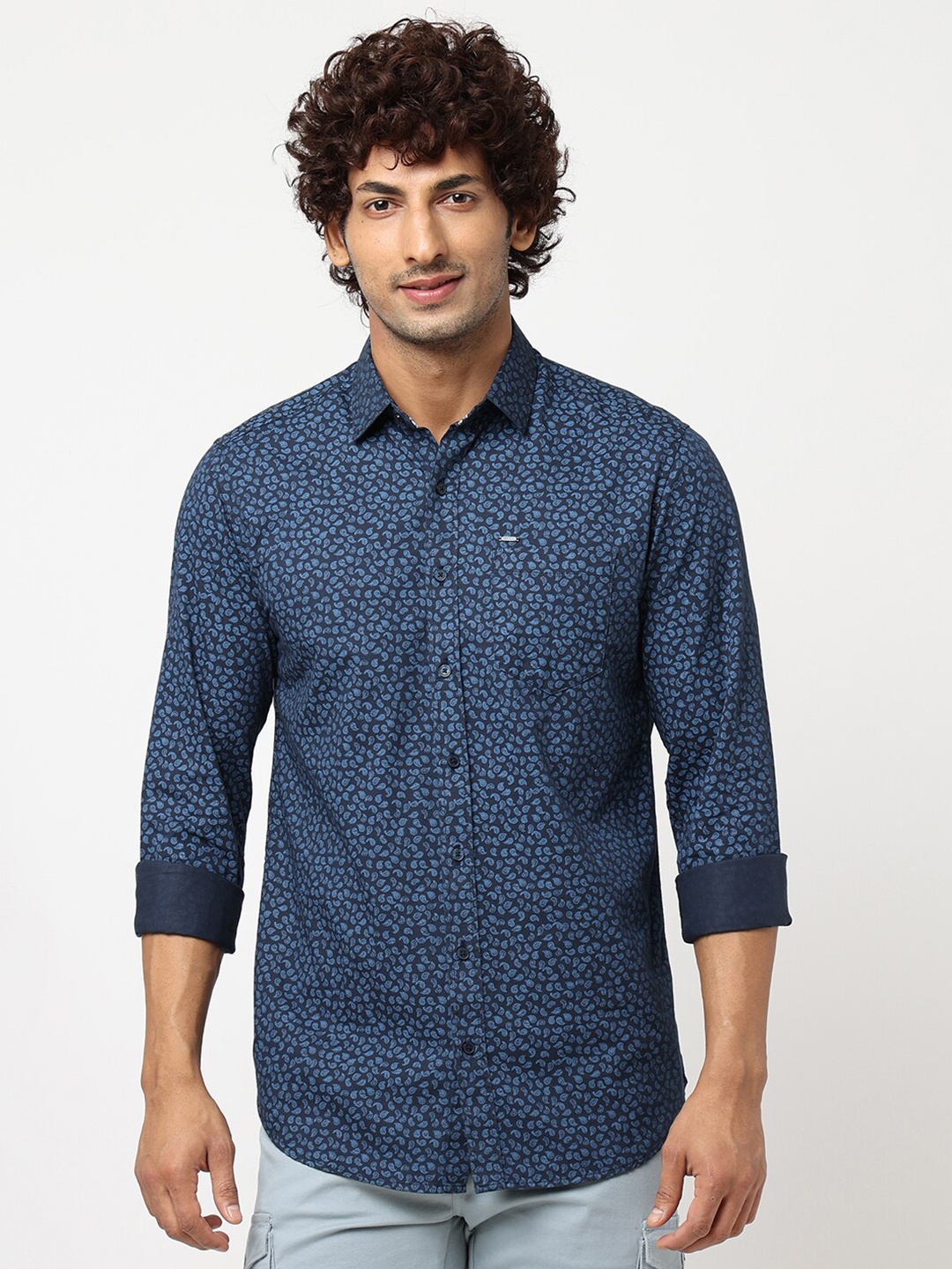 

Blue Buddha Floral Printed Cotton Casual Shirt, Navy blue