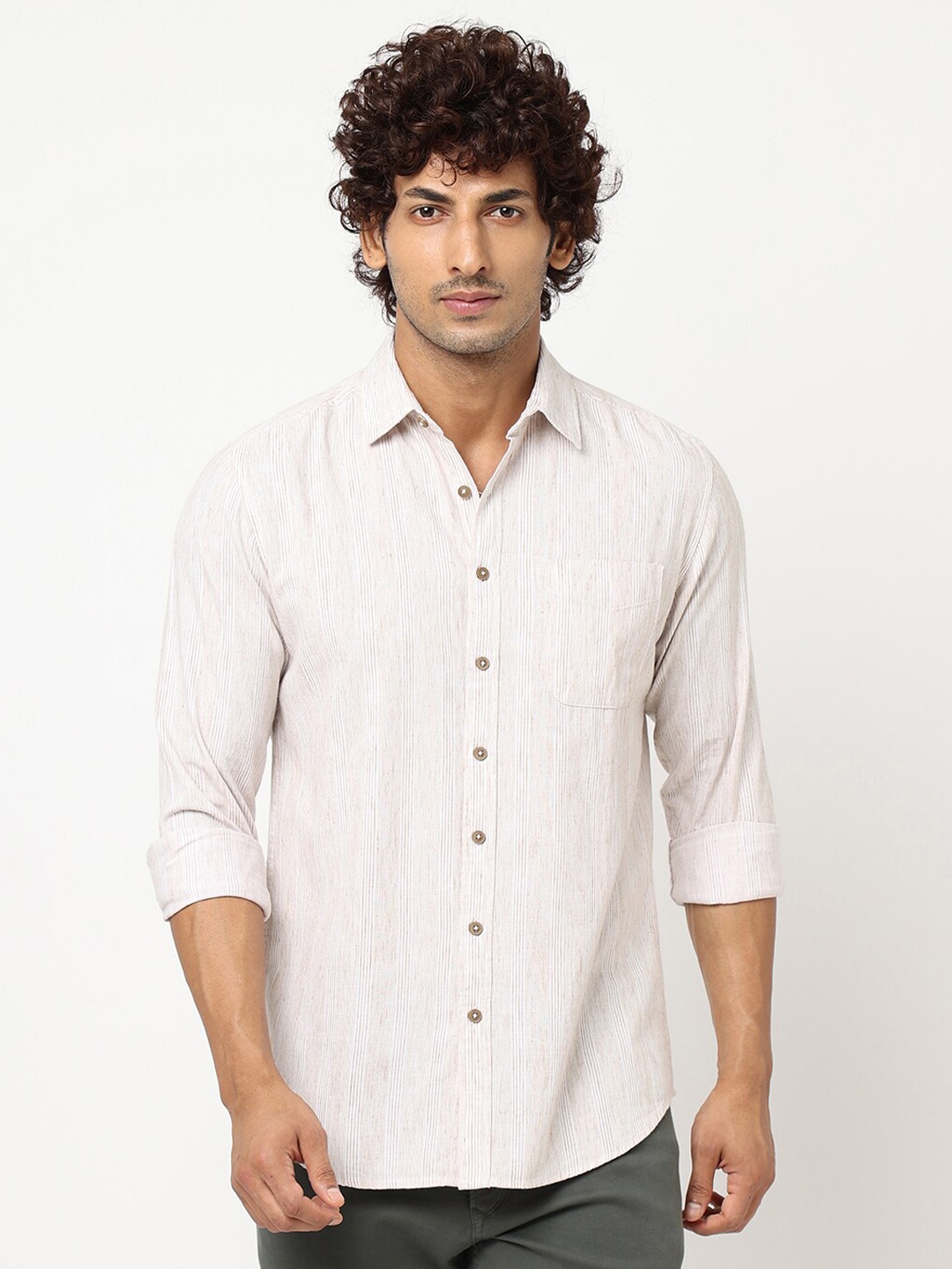 

Blue Buddha Men Striped Cotton Casual Shirt, Beige