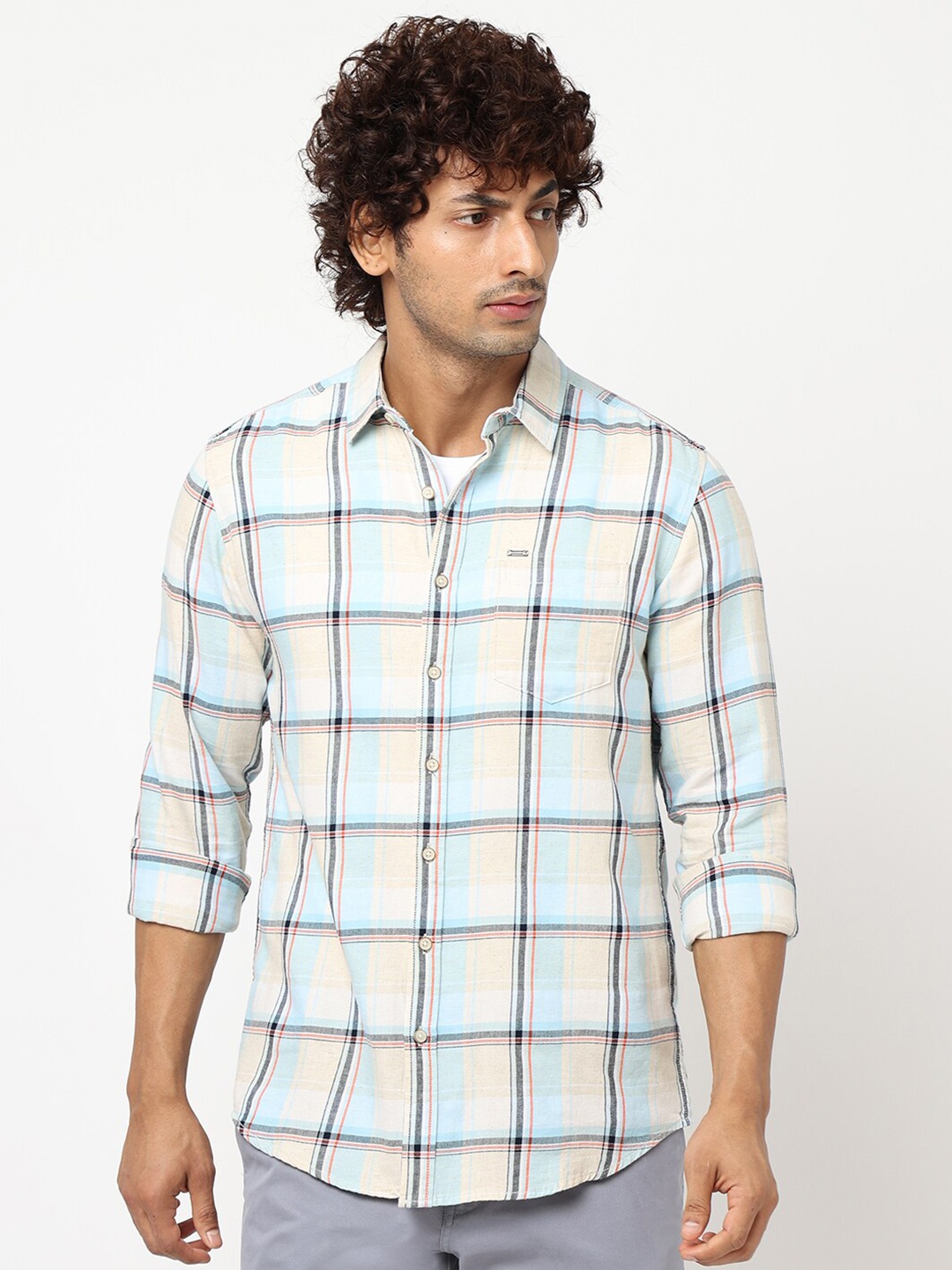 

Blue Buddha Windowpane Checked Opaque Cotton Casual Shirt, White