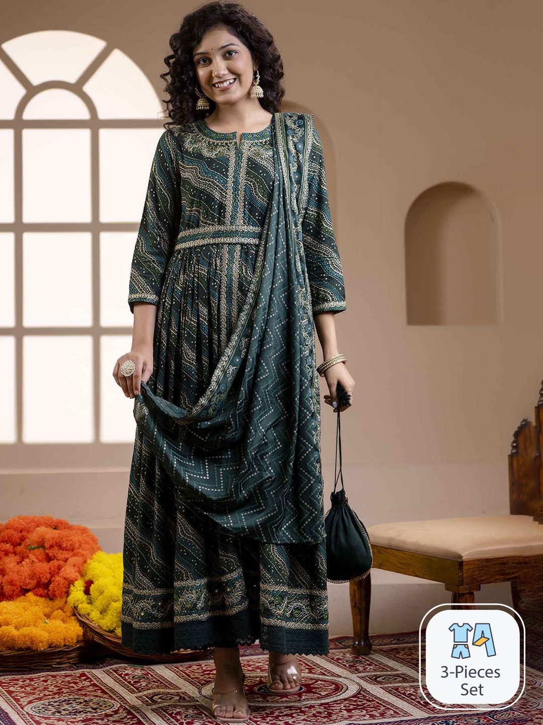 

KALINI Ethnic Motifs Printed Mirror Work Kurta With Trousers & Dupatta, Green