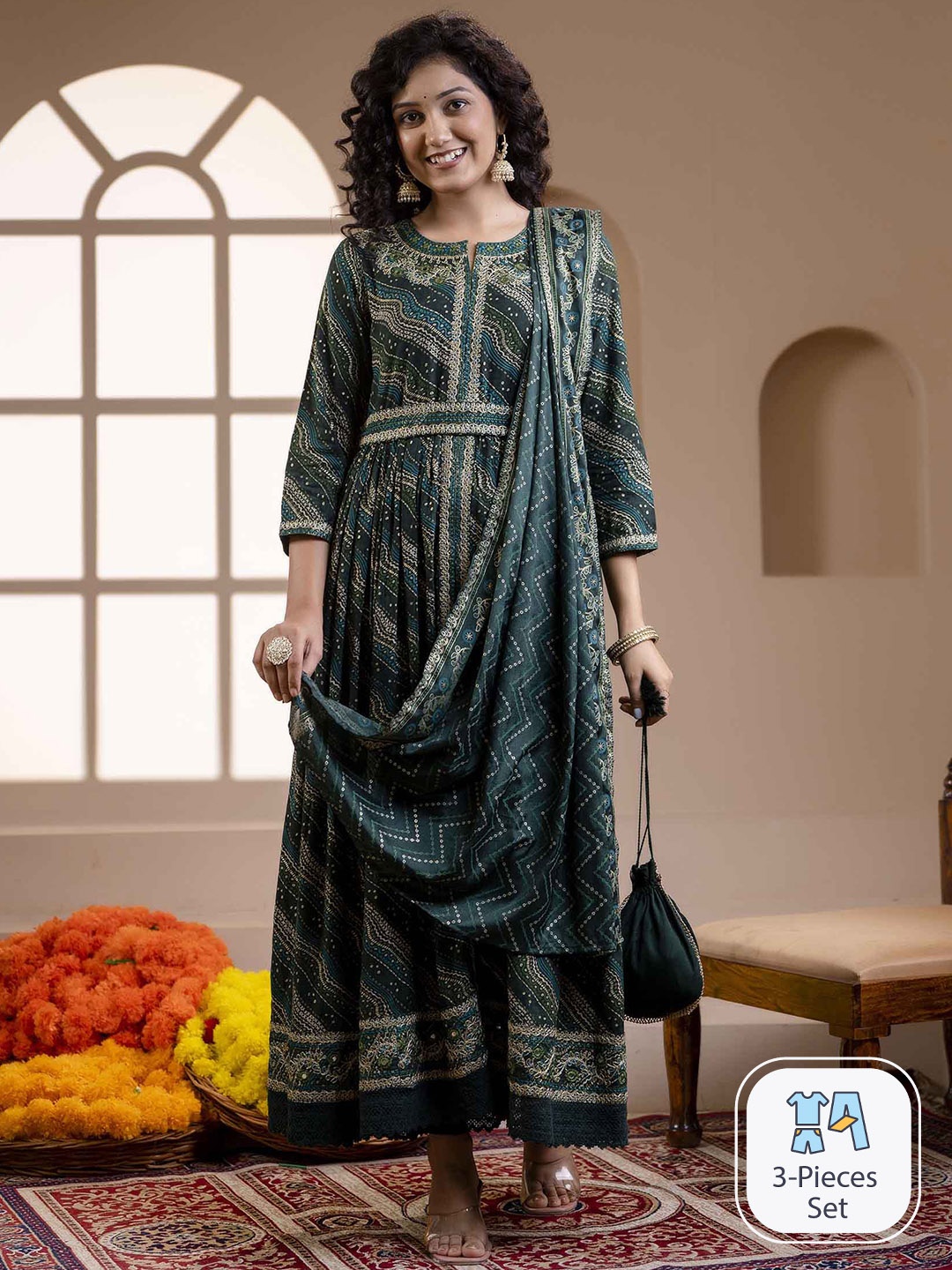 

Nehamta Chevron Printed Pleated A-Line Kurta With Trouser & Dupatta, Green