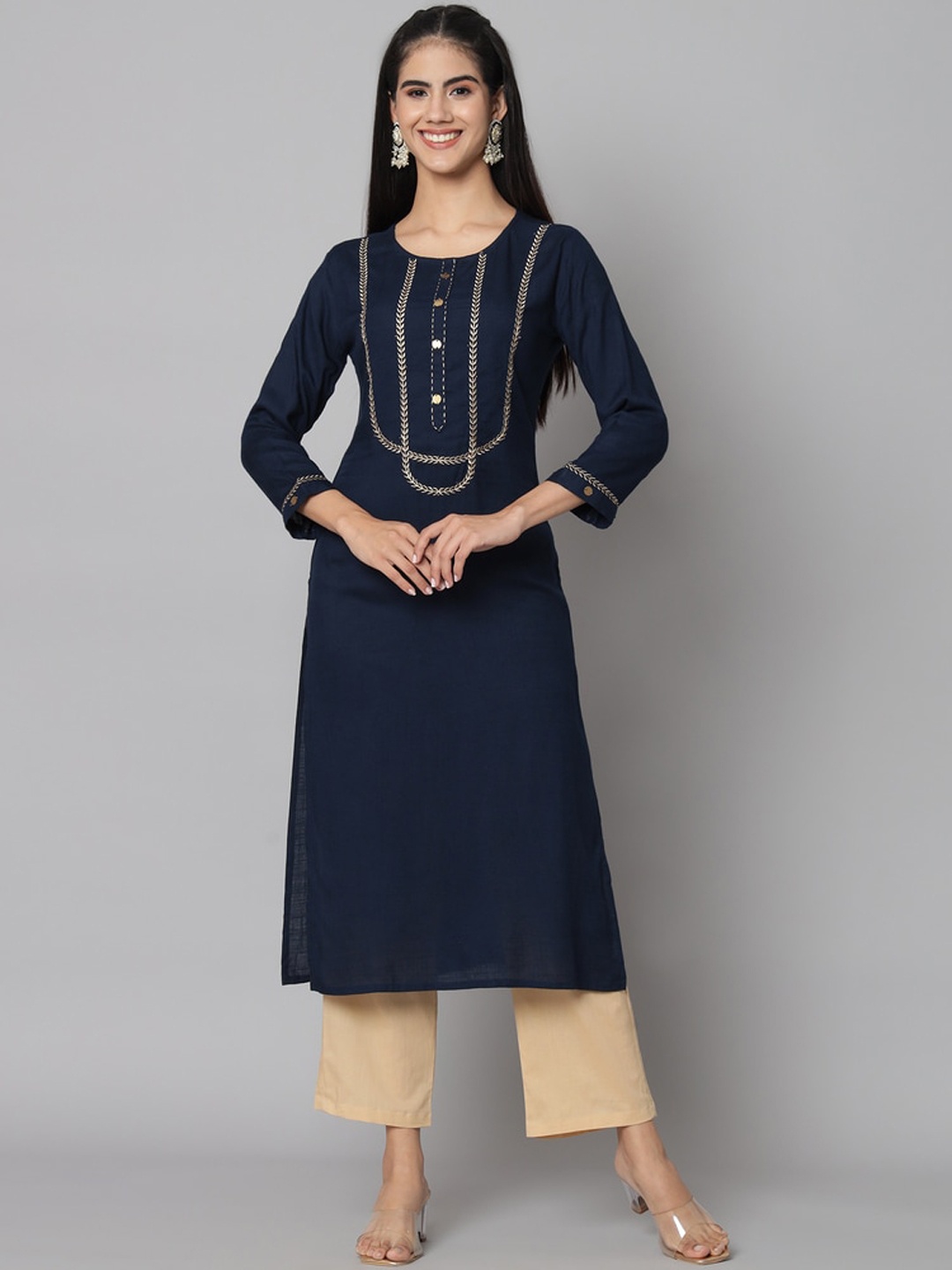 

Meeranshi Regular Zari Work Straight Kurta with Trousers, Navy blue