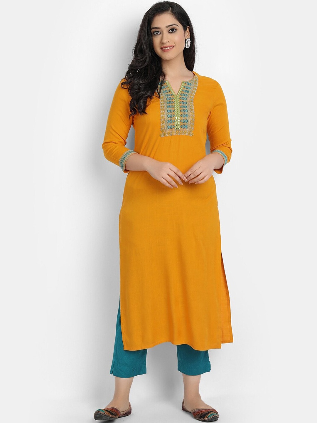

SUTI Women Thread Work Straight Kurta, Mustard