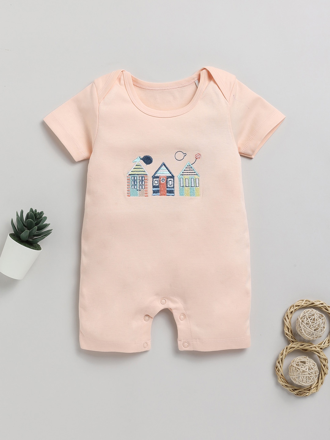 

Toonyport Infants Embroidered Pure Cotton Rompers, Peach