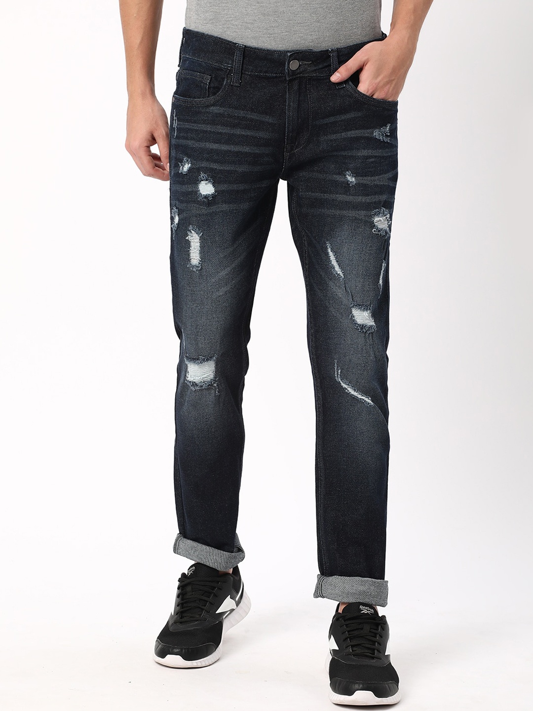 

R&B Men Slim Fit Mid-Rise Mildly Distressed Light Fade Jeans, Blue