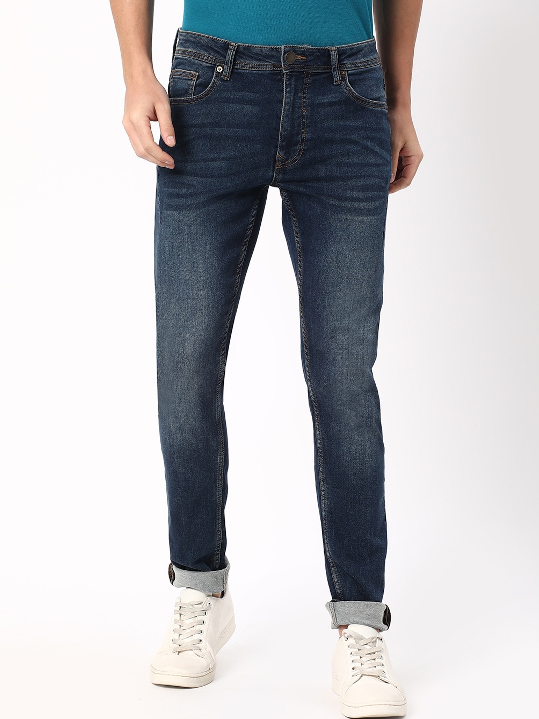 

R&B Men Slim Fit Mid-Rise Light Fade Cotton Jeans, Blue