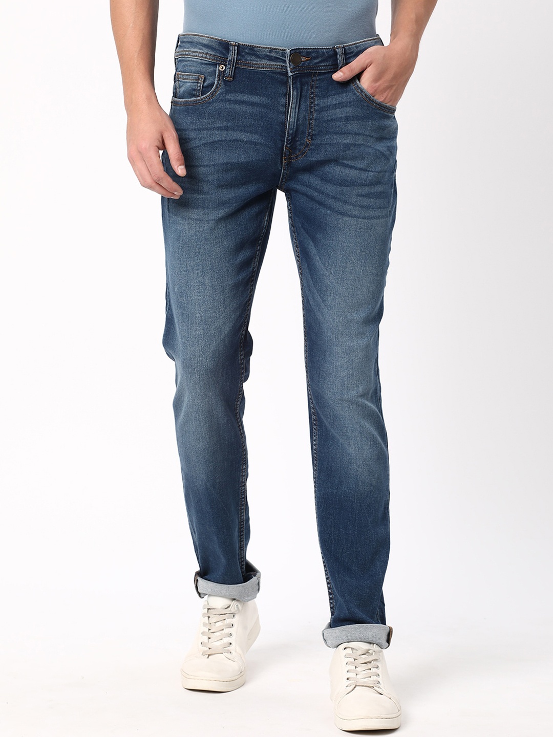 

R&B Men Slim Fit Mid-Rise Heavy Fade Cotton Jeans, Blue