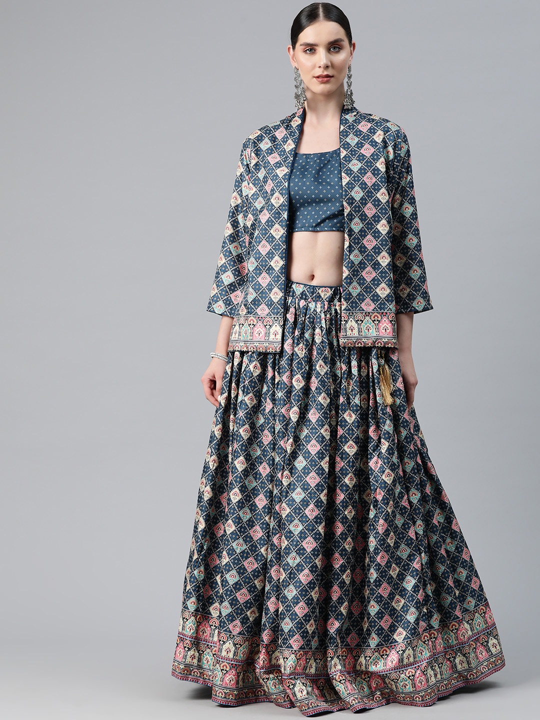

Readiprint Fashions Printed Zari Ready To Wear Lehenga & Choli With Jacket, Blue