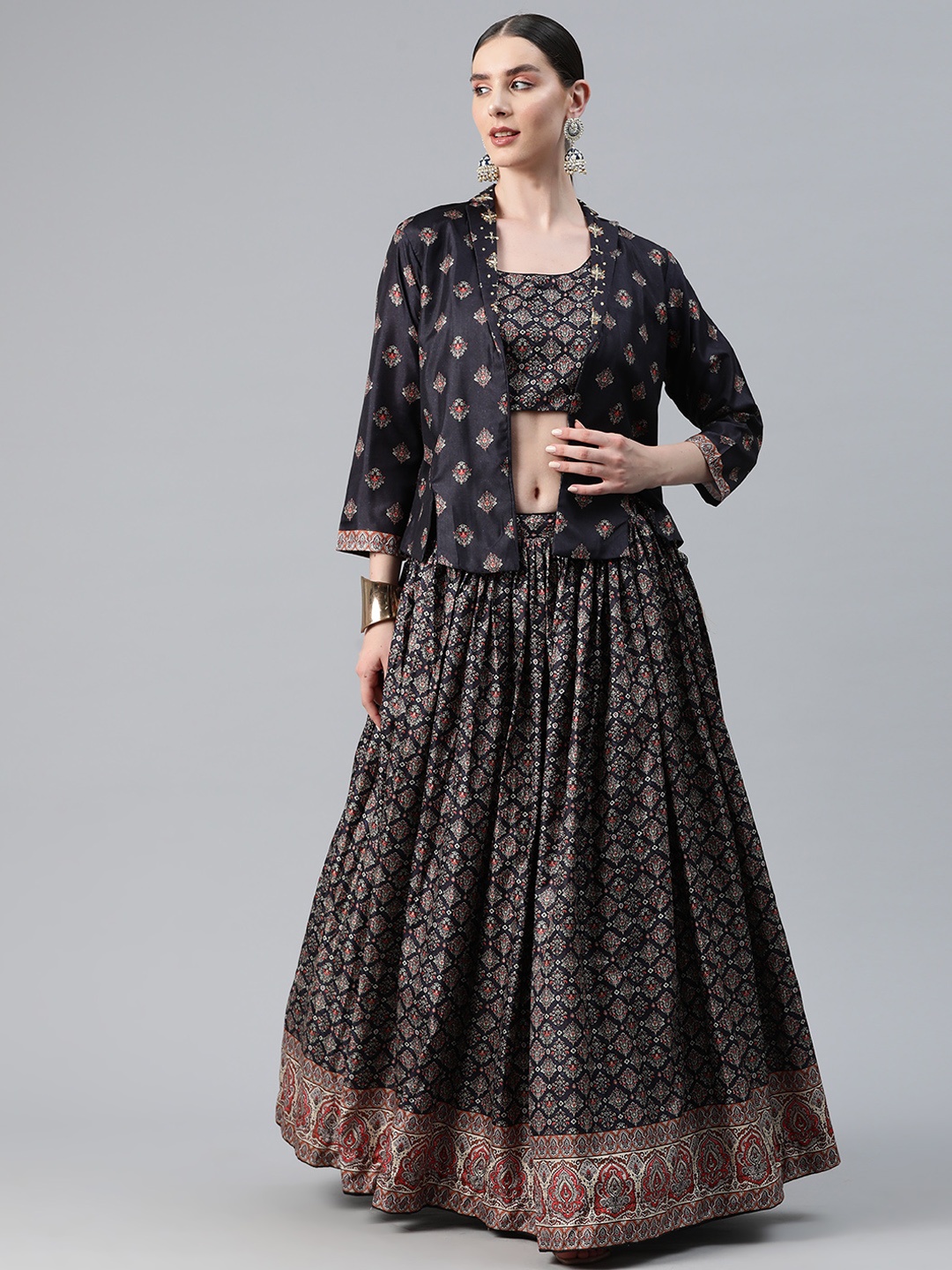 

Readiprint Fashions Printed Zari Ready To Wear Lehenga & Choli With Jacket, Black