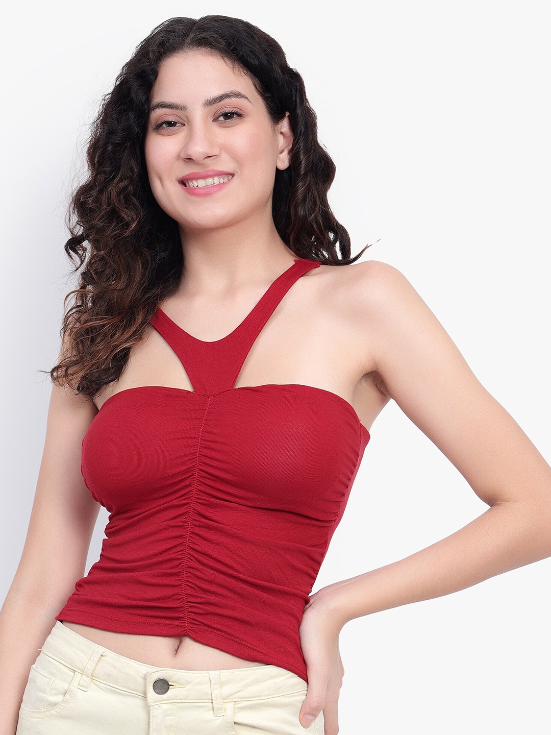 

BRACHY Ruched Sleeveless Fitted Top, Maroon
