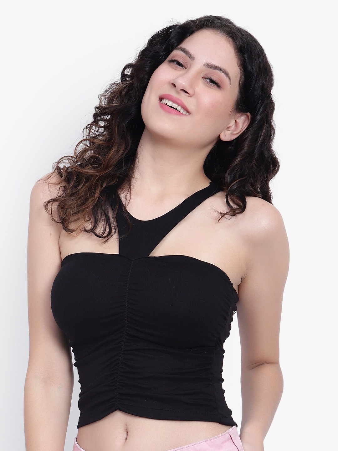 

BRACHY Halter Neck Gathered Detailed Fitted Crop Top, Black