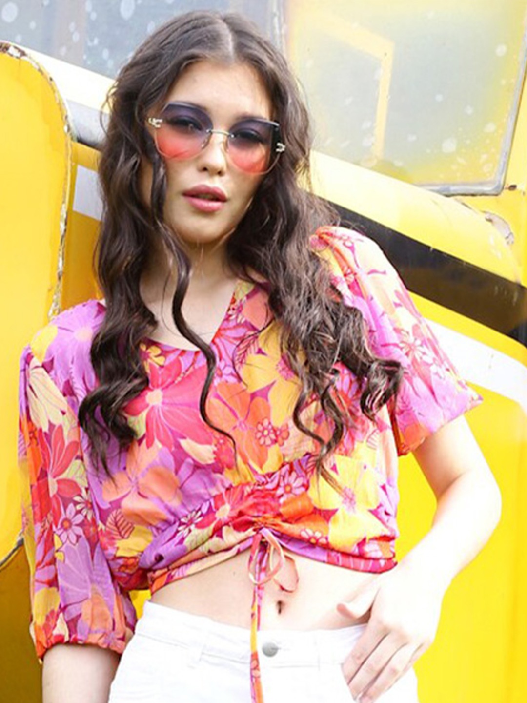 

Sera Pink & Yellow Floral Printed Puff Sleeves Chiffon Crop Top