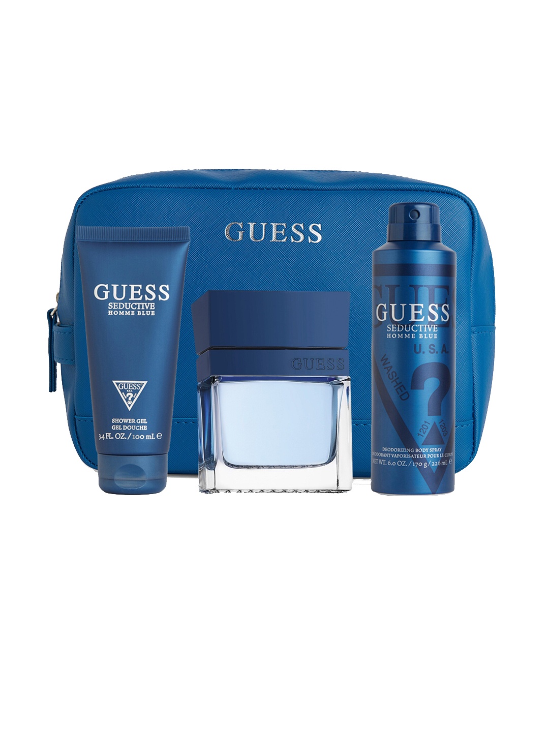 

GUESS Seductive Homme Men Gift Set EDT 100ml- Shower Gel 100ml & Body Spray170g with Pouch, Blue
