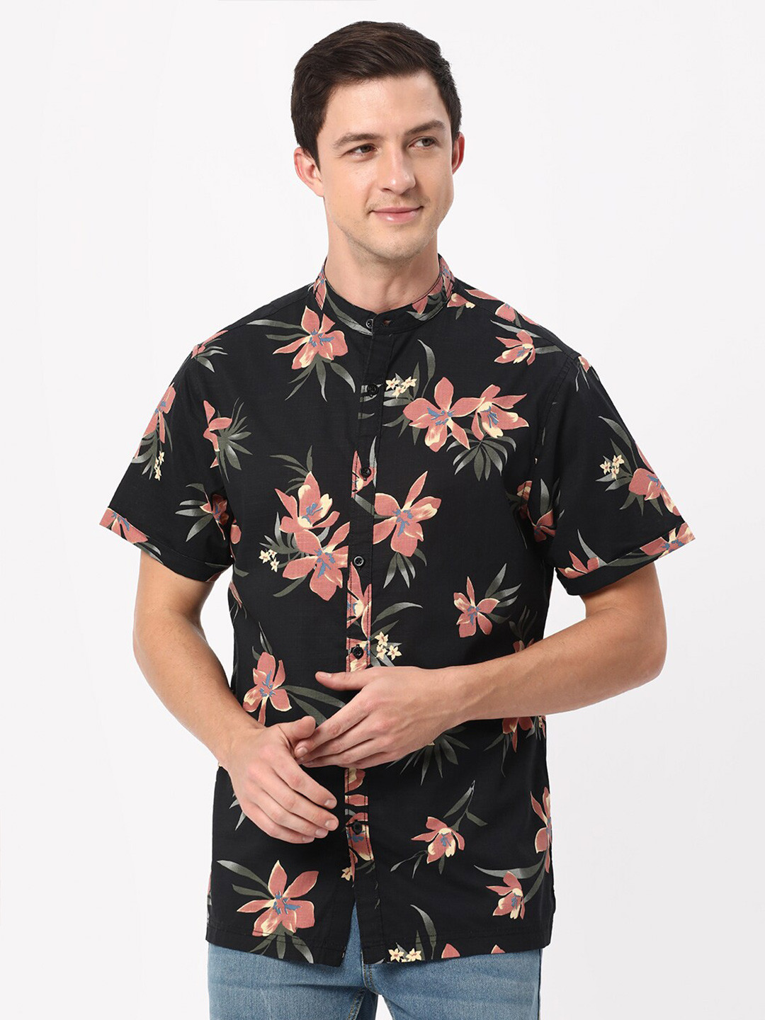 

R&B Floral Printed Band Collar Cotton Casual Shirt, Black