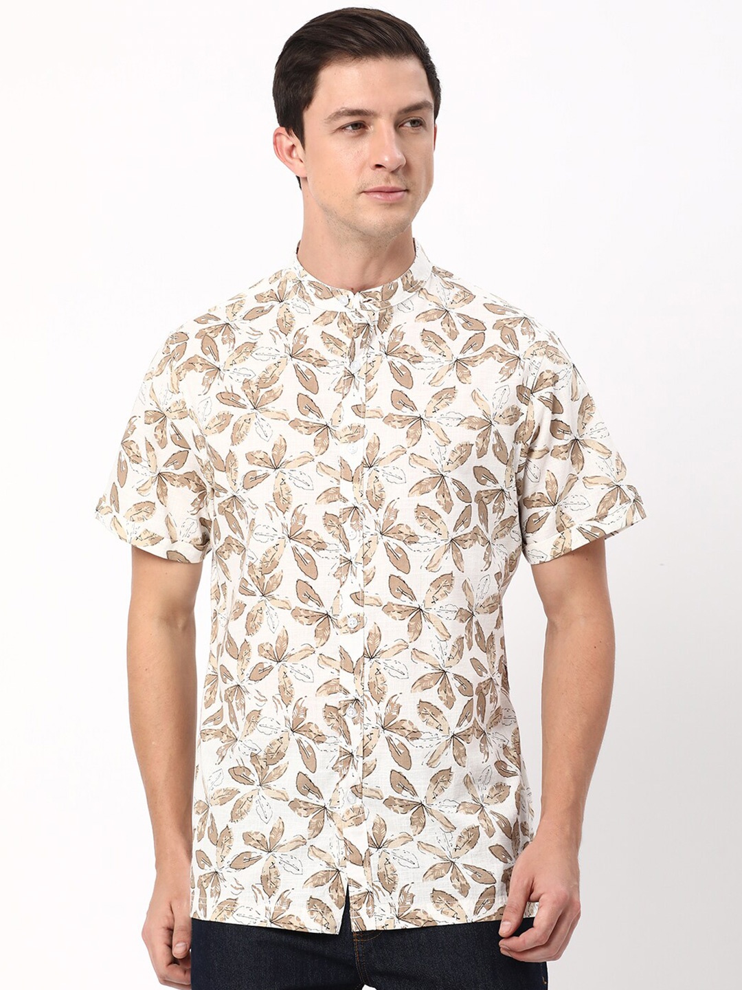 

R&B Floral Printed Band Collar Cotton Casual Shirt, Beige
