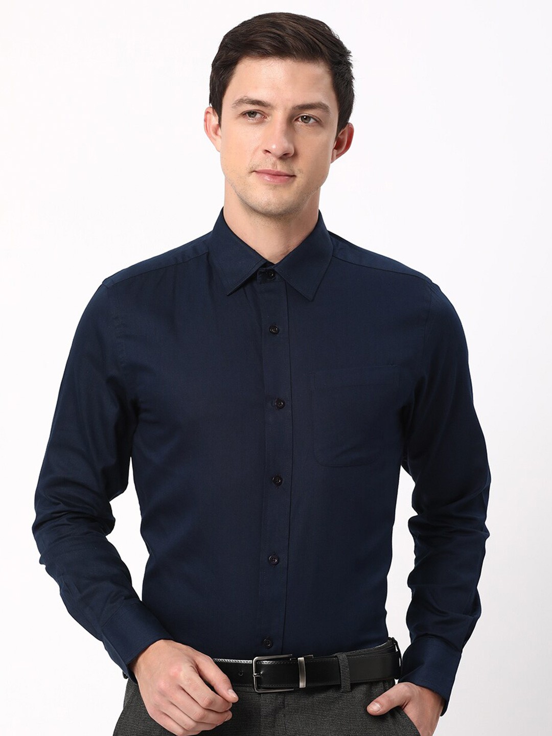

R&B Spread Collar Opaque Cotton Formal Shirt, Navy blue