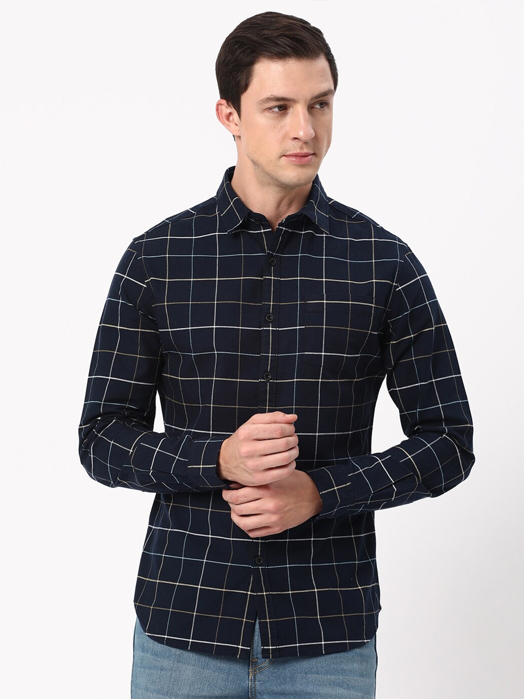 

R&B Windowpane Checks Checked Cotton Casual Shirt, Navy blue