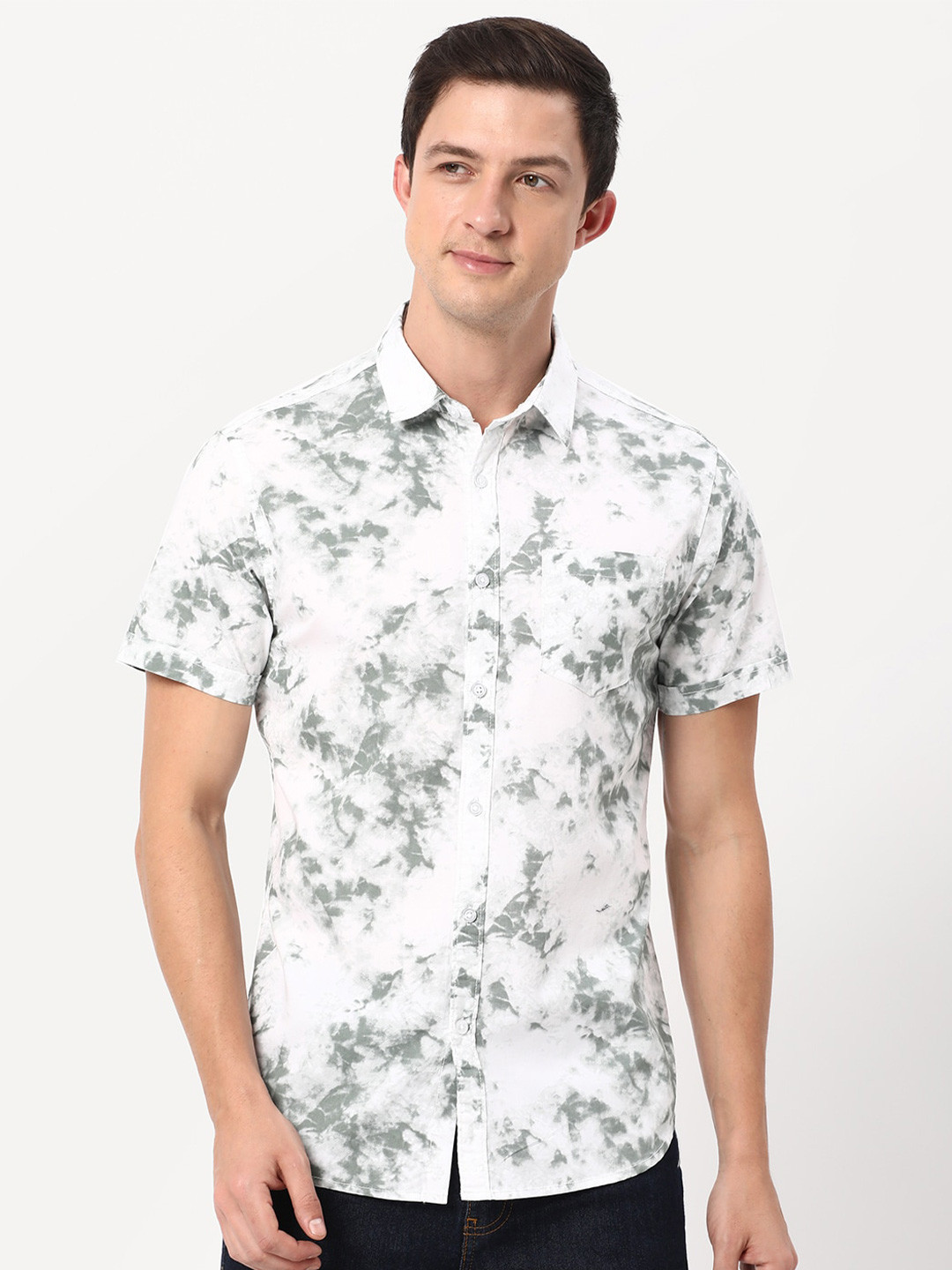 

R&B Abstract Printed Cotton Casual Shirt, White