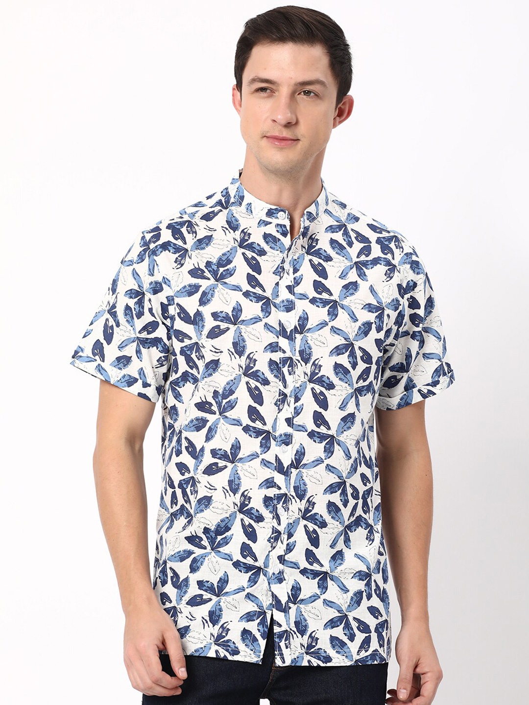 

R&B Floral Printed Mandarin Collar Cotton Casual Shirt, White