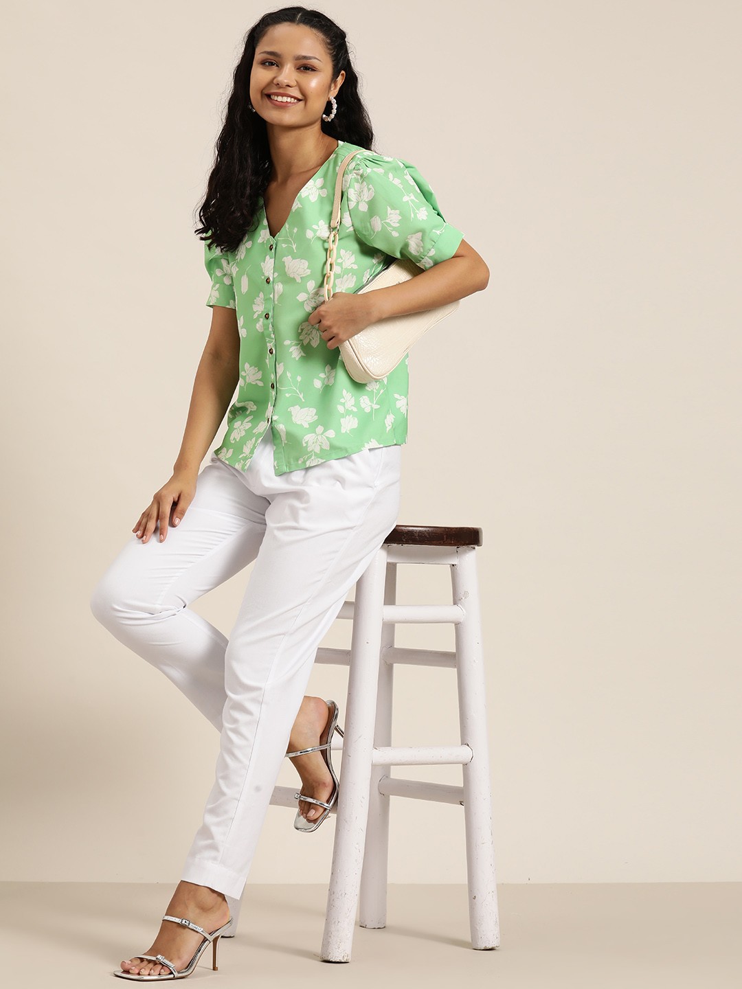 

HERE&NOW Floral Printed Puff Sleeve Crepe Top, Green