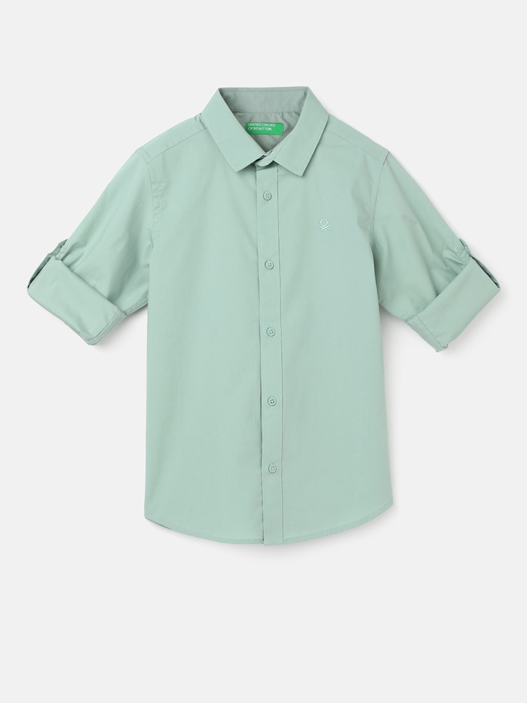 

United Colors of Benetton Boys Spread Collar Roll-Up Sleeves Casual Shirt, Green