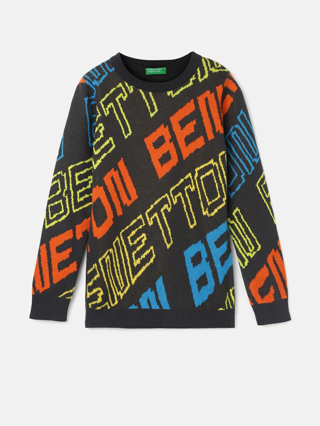 

United Colors of Benetton Boys Typography Printed Cotton Pullover, Black