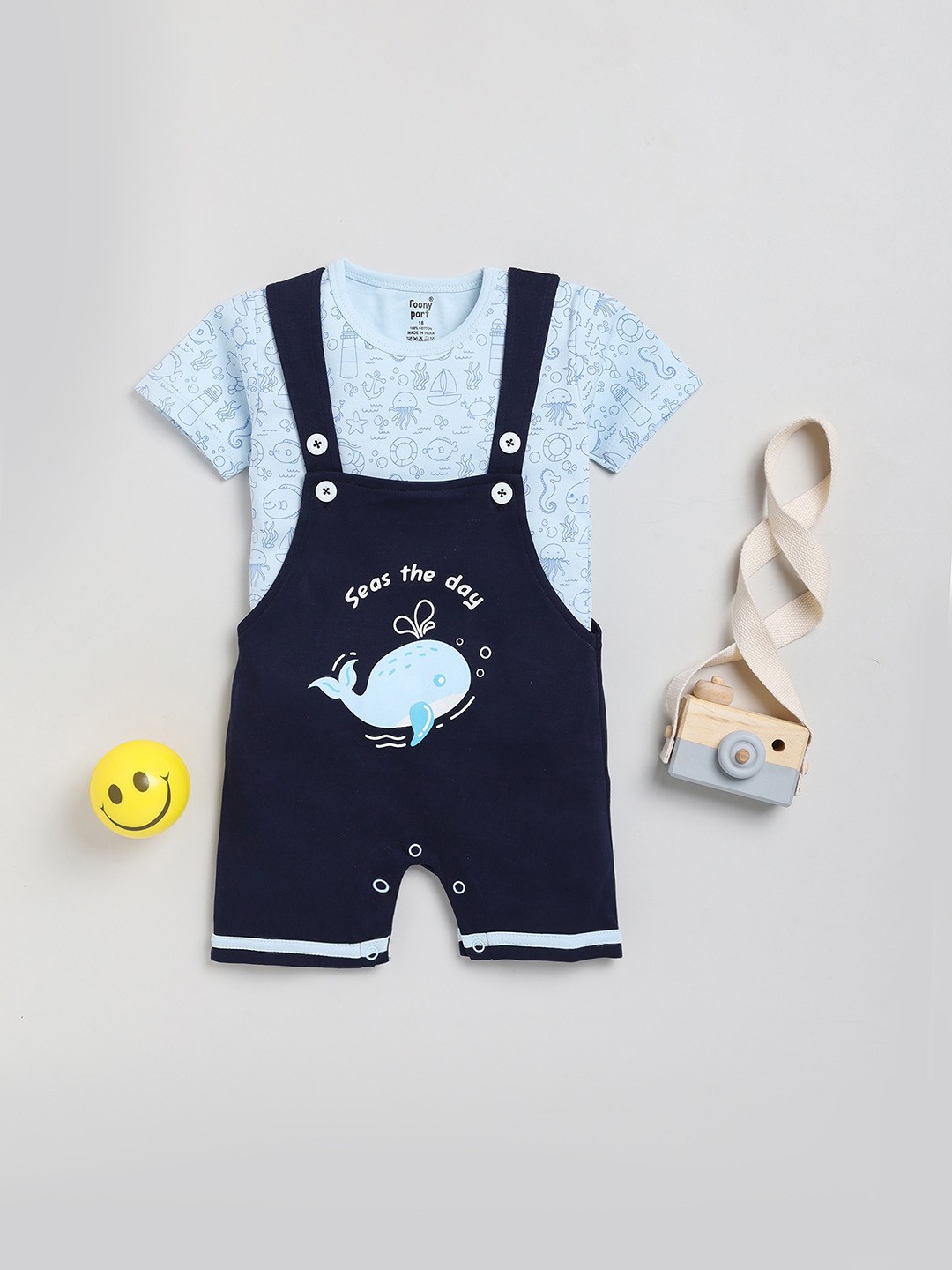 

Toonyport Infants Conversational Printed Pure Cotton Dungaree With T-shirt, Navy blue