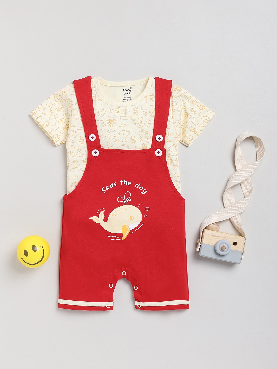 

Toonyport Infants Conversational Printed Pure Cotton Dungaree With T-shirt, Red