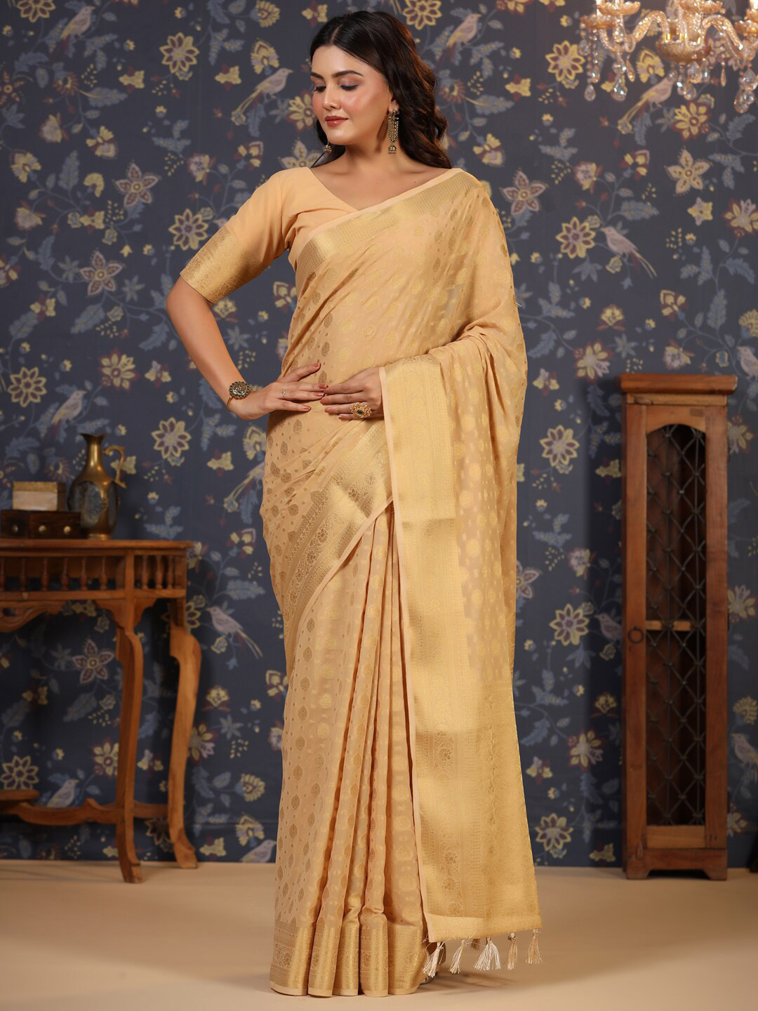 

House of Pataudi Ethnic Motifs Woven Design Zari Detailed Saree, Cream