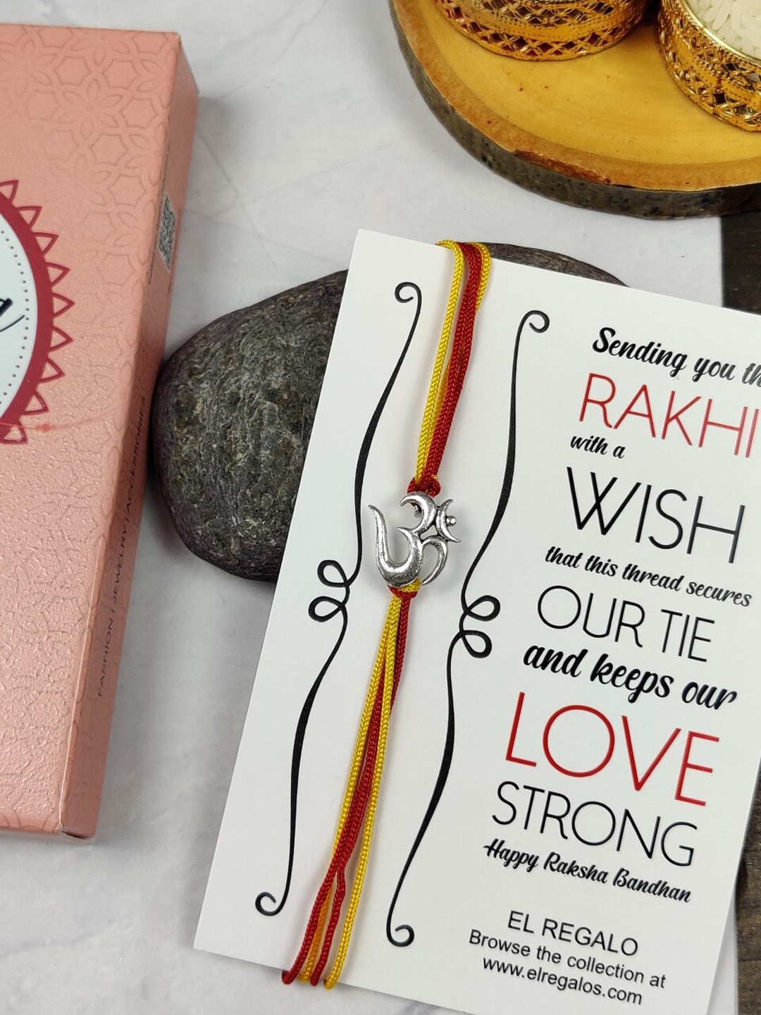 

EL REGALO Om Charm Thread Silver Rakhi with Card and Roli Chawal Shagun