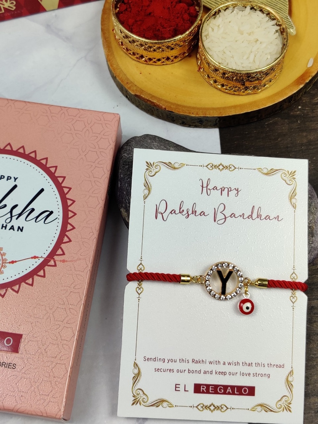 

EL REGALO Unisex Y Name Initial Evil Eye Rakhi With Roli chawal Card, Red