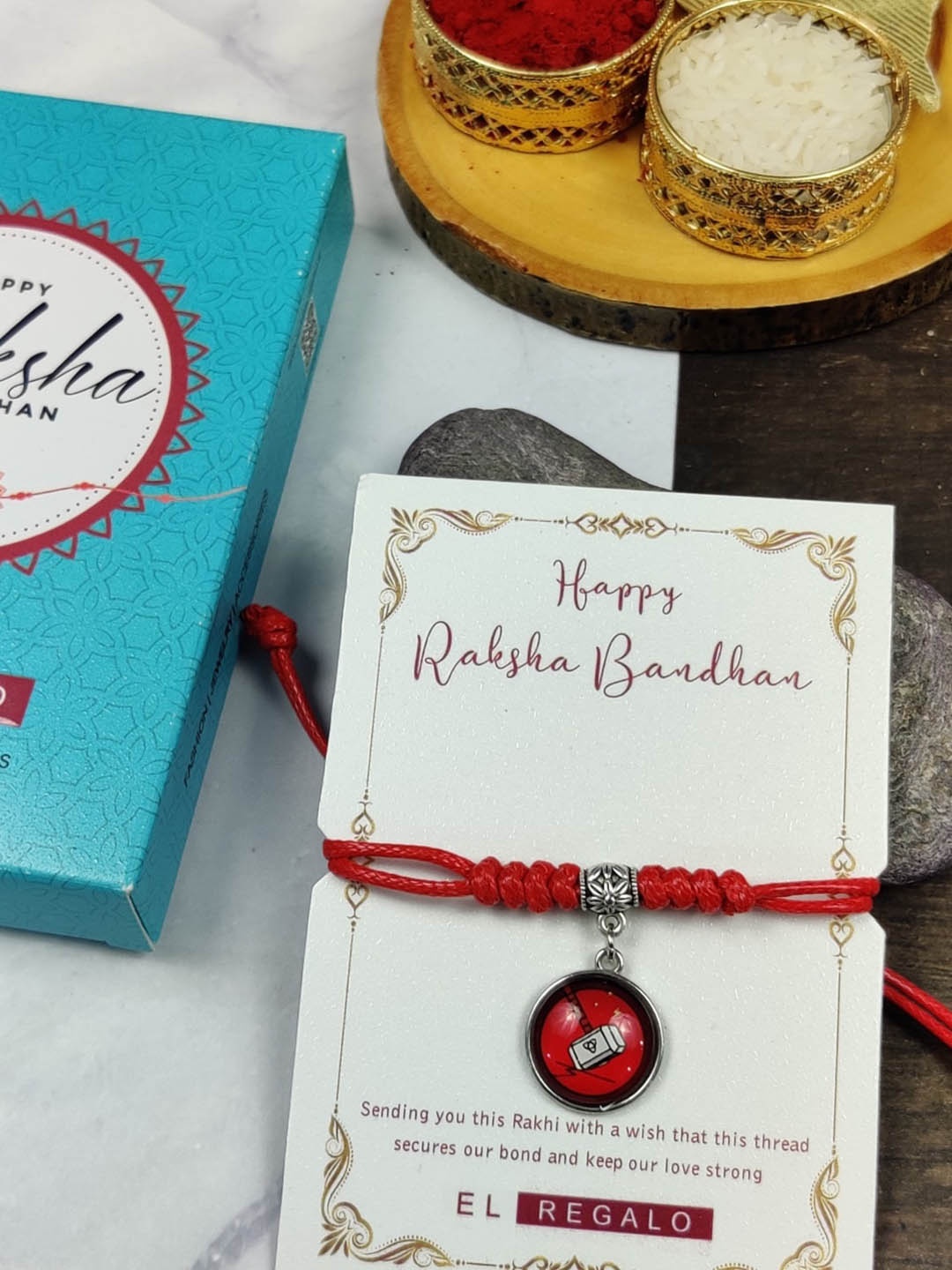 

EL REGALO Boys Charm Detail Thread Rakhi With Roli & Chawal, Red
