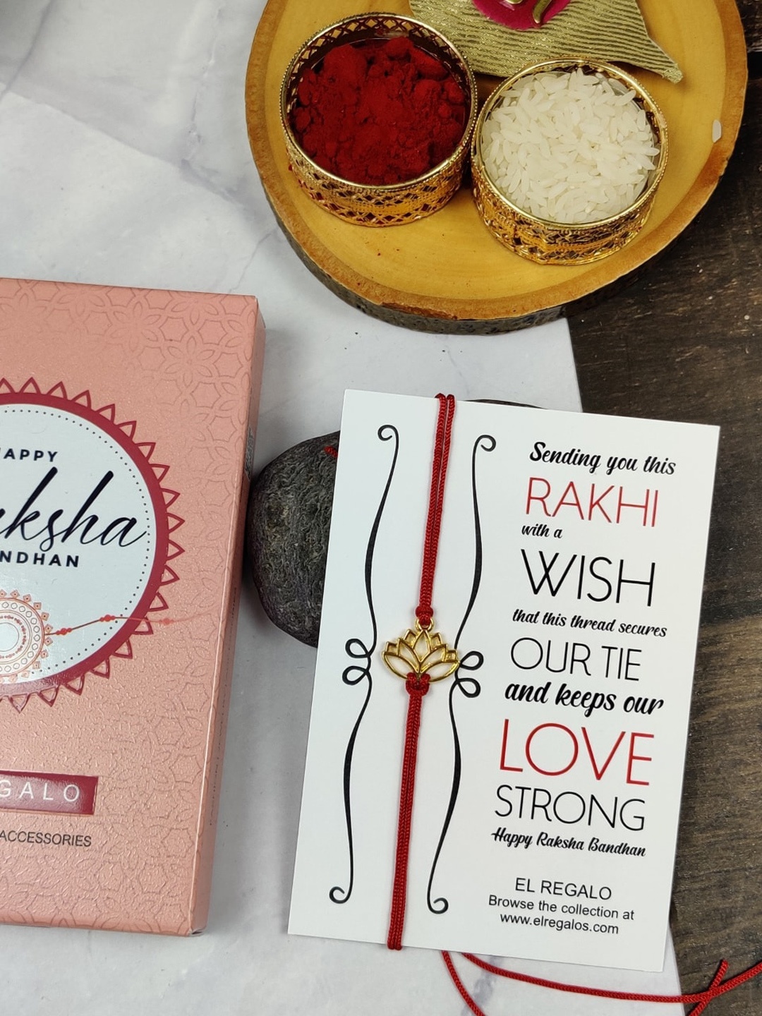 

El Regalo Floral Charm Silver Rakhi with Card and Roli Chawal Shagun, Gold