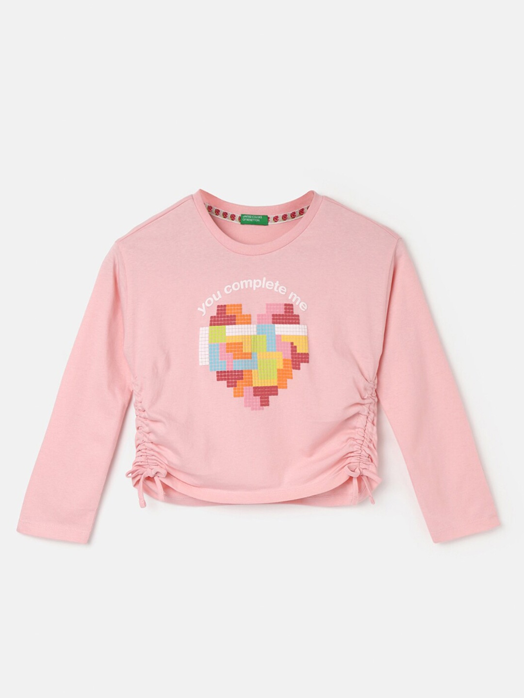 

United Colors of Benetton Girls Geometric Printed Round Neck Cotton Ruched Regular Top, Pink