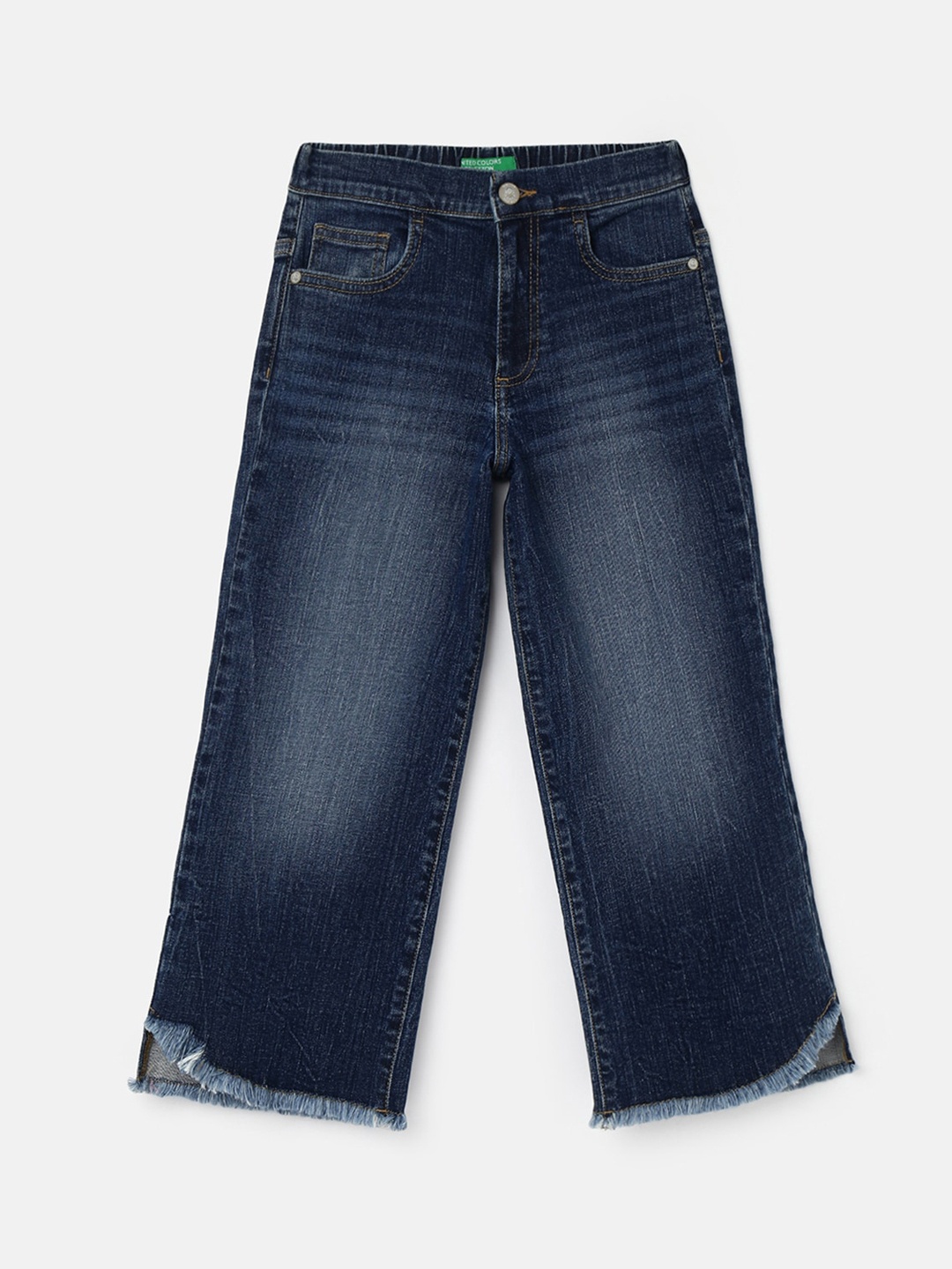 United Colors of Benetton Girls Wide Leg Low Distress Light Fade Cotton Jeans, Blue