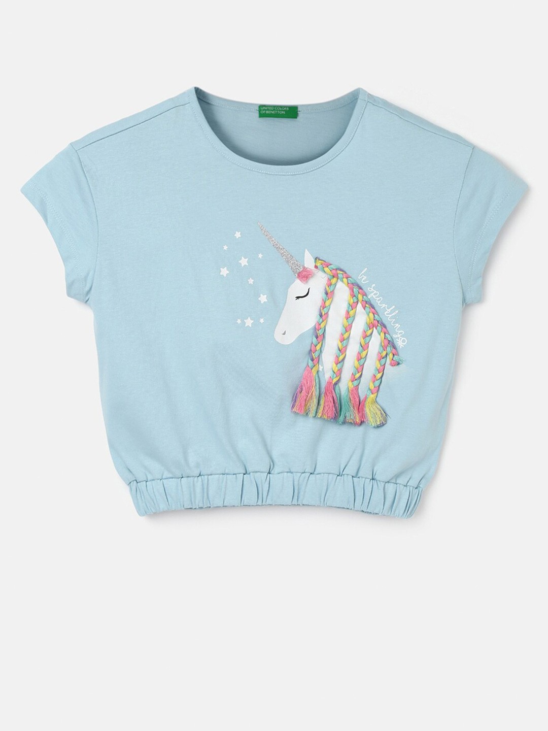 

United Colors of Benetton Girls Graphic Printed Cotton Blouson Top, Blue